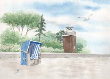 Postkarte DIN-A6 Aquarell Maritim Kunst Druck Kunstdruck Nordsee Föhr Leuchtturm Strandkorb Strand Meer